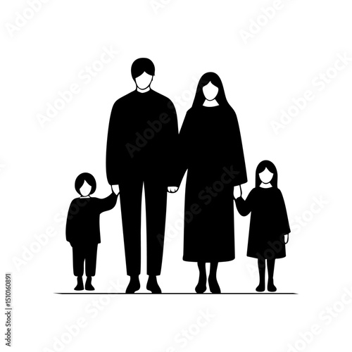 Vector of parents and two children in contemporary attire, ideal for lifestyle, family, or cultural concepts.

