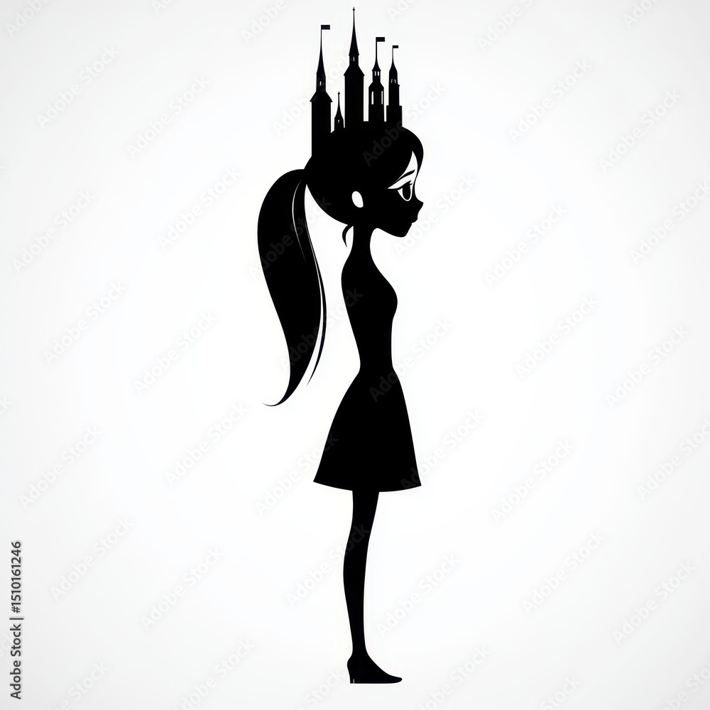 Silhouette of a Young Woman with City Skyline Crown Silhouette of a Young Woman with City Skyline Crown