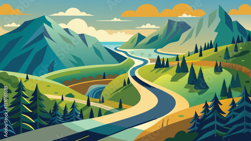Serene Landscape Illustration Winding Road Through Mountains, Evergreen Trees, and Waterways under Cloudy Skies