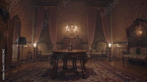 Grand Interior Elegance: A majestic interior captures an era of grandeur, from ornate furnishings to the soft glow of ambient lighting, creating an atmosphere of opulent luxury.