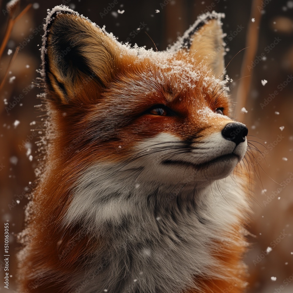 Fototapeta premium Winter fox in snowfall. Detailed close-up of a red fox, covered in snow