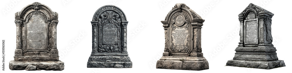 Obraz premium 3D rendering of a tombstone with detailed inscriptions, weathered stone texture, PNG isolated on Transparent background