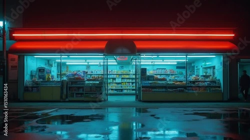 Empty Minimarket at Night with Vibrant Fluorescent Lighting – Cinematic Urban Scene
