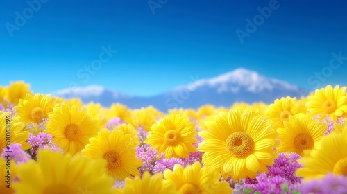Vibrant Yellow Sunflowers Field  Sunny Day  Mountain Background