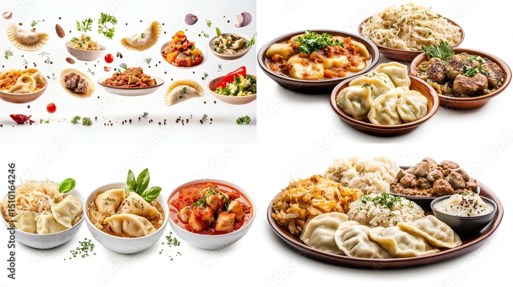 A vibrant collage showcasing various dumpling dishes; some served with rice, noodles, stews, and vegetables, others shown in mid-air with assorted ingredients A vibrant collage showcasing various dumpling dishes; some served with rice, noodles, stews, and vegetables, others shown in mid-air with assorted ingredients