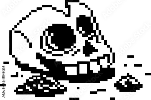 Pixelated skull with dirt, retro digital art skeleton head, monochrome, gaming graphics