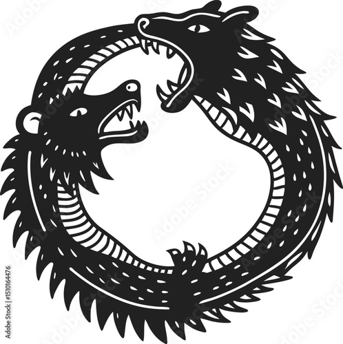 interlocking dragon and bear ouroboros symbol black and white mythological design, circular pattern, infinite cycle