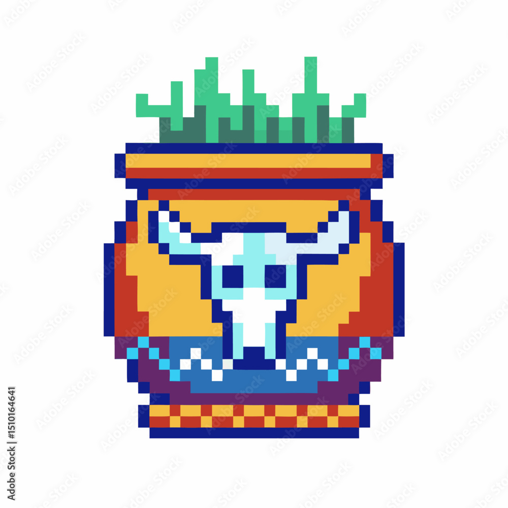 Fototapeta premium Pixel art pottery with bull skull and cactus in vibrant colors