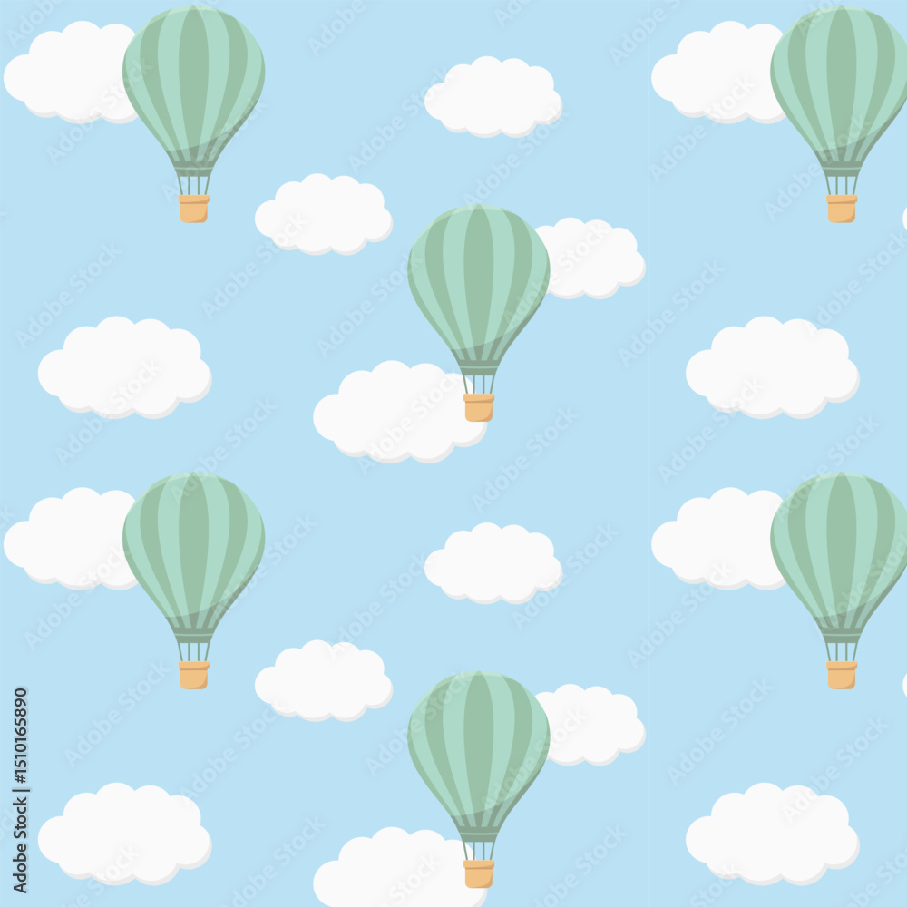 Obraz premium Seamless pattern of small cartoon hot air balloons flying in the clouds on a blue background, vector illustration.