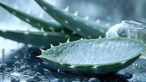 Close-up view of aloe vera leaf with water droplets.