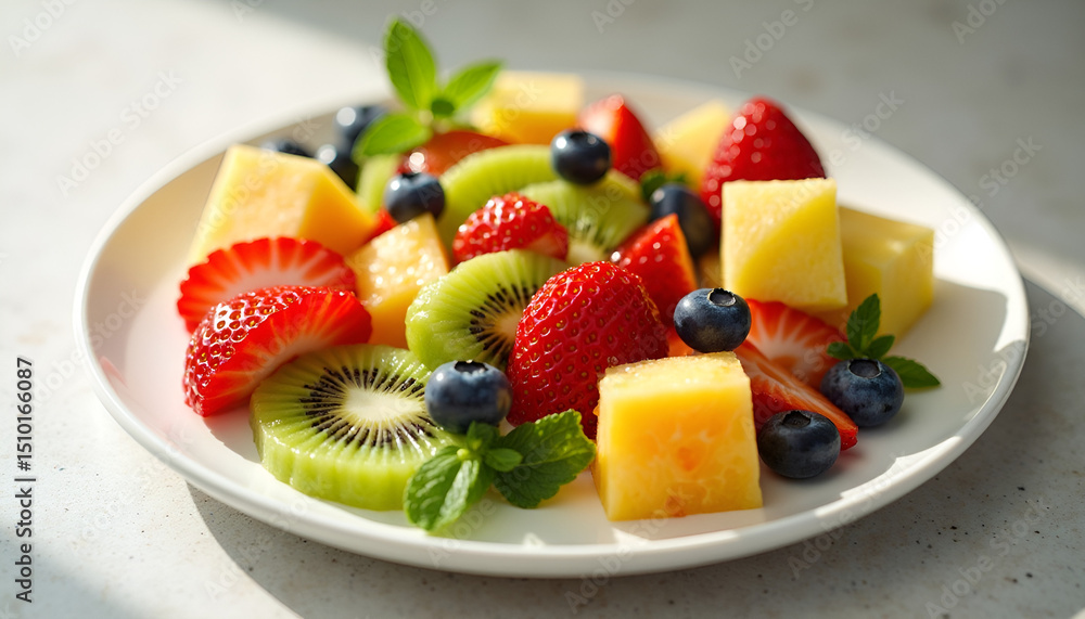 Bright, colorful fruit salad on a white plate with fresh strawberries and kiwi fruit slices. Bright, colorful fruit salad on a white plate with fresh strawberries and kiwi fruit slices.