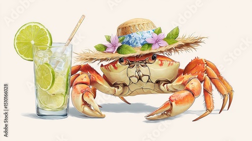 Cute crab wearing straw hat with flowers next to refreshing lime cocktail on light background summer scene