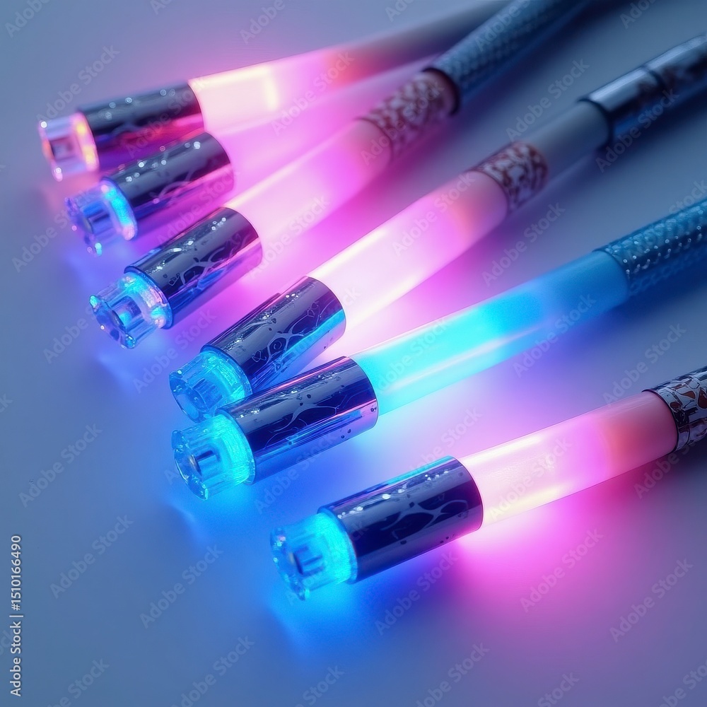 A futuristic bundle of glowing fiber optic cables A futuristic bundle of glowing fiber optic cables