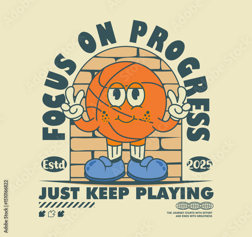 Retro cartoon basketball mascot design with focus on progress slogan. Perfect for t-shirts, posters, and sports themed projects. Vector illustration