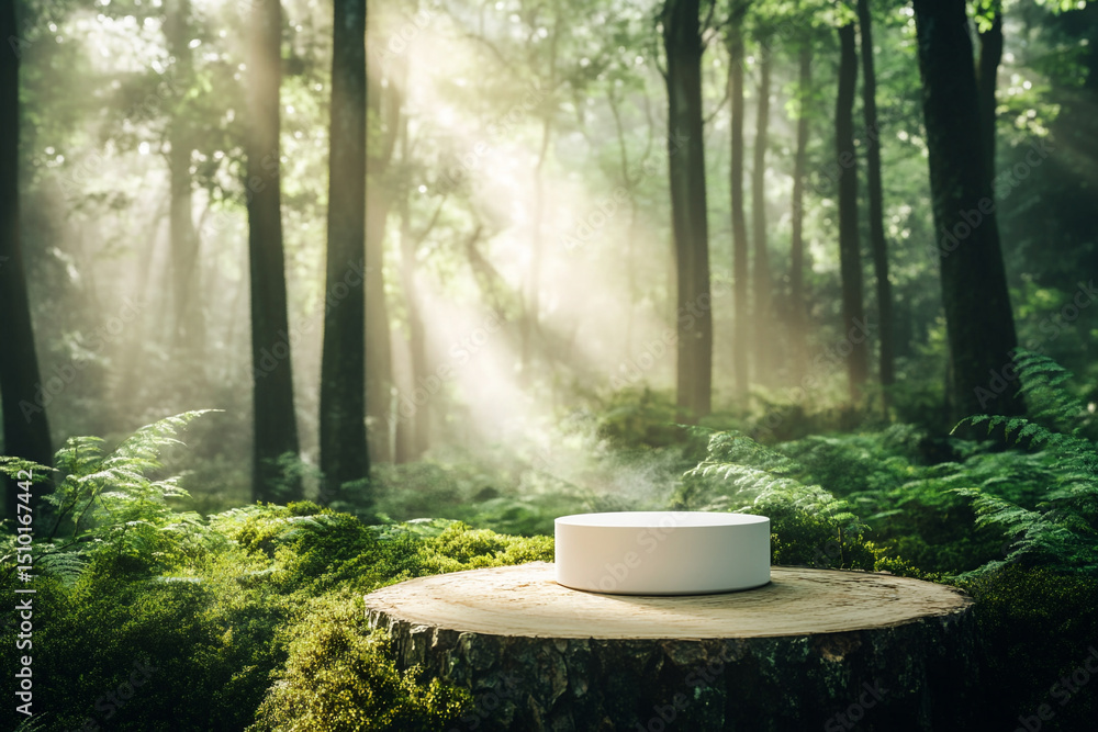 Misty forest scene with product on natural podium Misty forest scene with product on natural podium