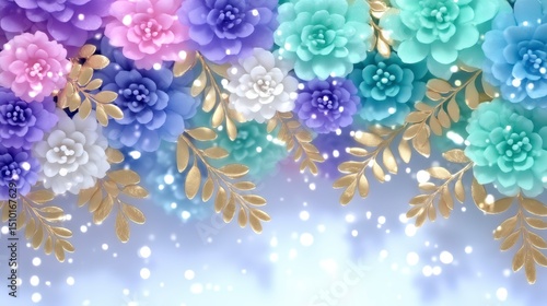 Pastel Floral Arrangement   Elegant Watercolor Blooms  Gold Leaves  Soft Background