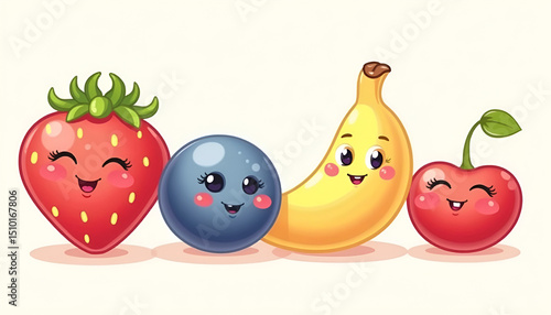 Whimsical cartoon fruits smile brightly; strawberry, blueberry, banana and cherry lined up happily.