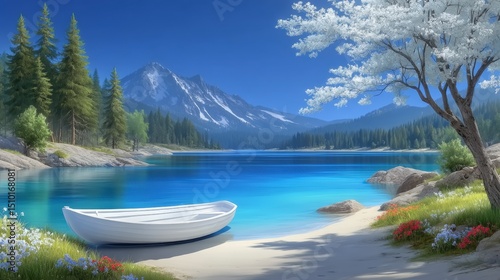 Serene Mountain Lake with Rowboat  Peaceful Nature Scene