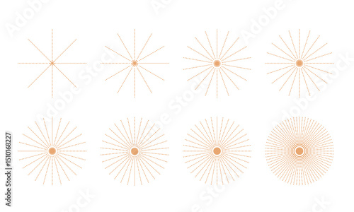 Radial circle sunburst, star explosion, sun beams logo, badge. Abstract simple geometric dotted round star rays