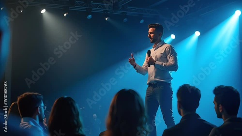Man giving speech on stage under blue spotlight  
