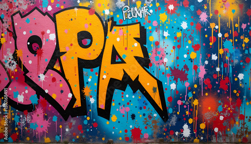 A vibrant graffiti artwork featuring bold letters and colorful paint splatters creates energy.