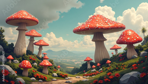 A whimsical landscape presents giant, dotted red mushrooms on a sunny, peaceful day.