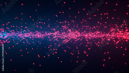 Abstract digital wave of glowing particles flow on dark background with cool and warm tones.