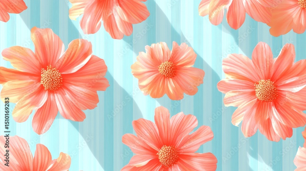 Coral tie-dye flowers with a sunburst design on a striped blue background. A seamless pattern, great for spring and summer fabrics or paper goods.
Coral tie-dye flowers with a sunburst design on a striped blue background. A seamless pattern, great for spring and summer fabrics or paper goods.