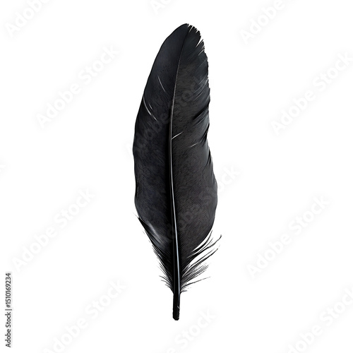 Single black feather isolated on transparent background