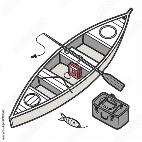 A detailed illustration of a canoe with fishing gear and accessories, transparent design for versatile use