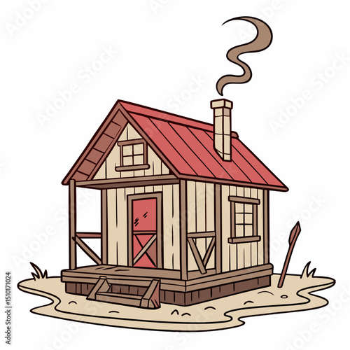 Cozy wooden cabin illustration featuring a red roof and smoke rising from the chimney on a white background
