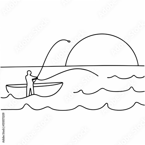 Fishing scene simple line art of a person angling in a boat with the sun rising on the horizon, on white
