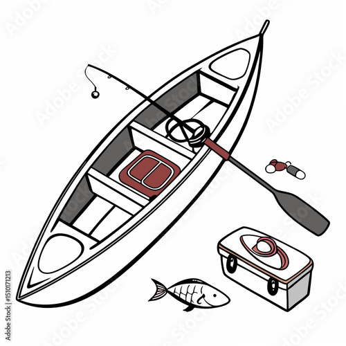 Fishing adventure vector illustration featuring a canoe fishing rod tackle box paddle and fish for design use