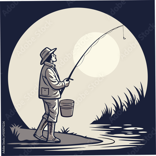 Fisherman casting a line in the serene waters, vintage illustration with a calming color palette for various design projects.
