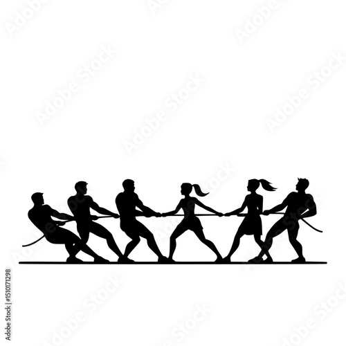 Tug of war silhouette of people pulling rope isolated on transparent background