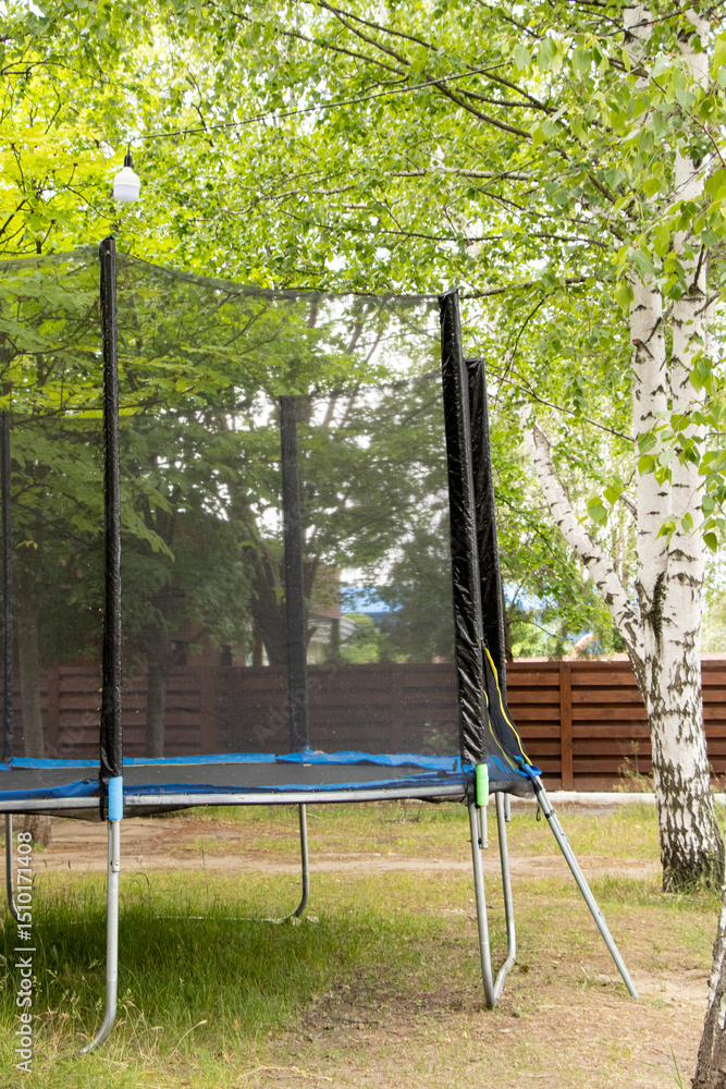 Fototapeta premium Trampoline with safety net in the park among trees in summer, active outdoor recreation