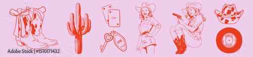 Retro American Cowgirl set. Hand drawn doodle drawing with Western, Vegas disco elements. Woman, cowboy boots, hat, cards,vinyl record,room key. American Wild West Vector illustration for girly party.