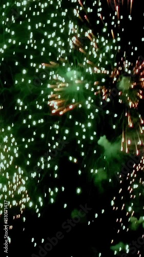 A green firework display with many small green and white sparks. Concept of excitement and wonder as the fireworks light up the sky