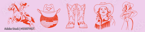 Cowgirl disco pink set. Hand drawn doodle drawing with Western and Vegas elements. Horse, woman, cowboy boots and hat, disco ball. American Wild West Vector. Retro illustration for girly party.	