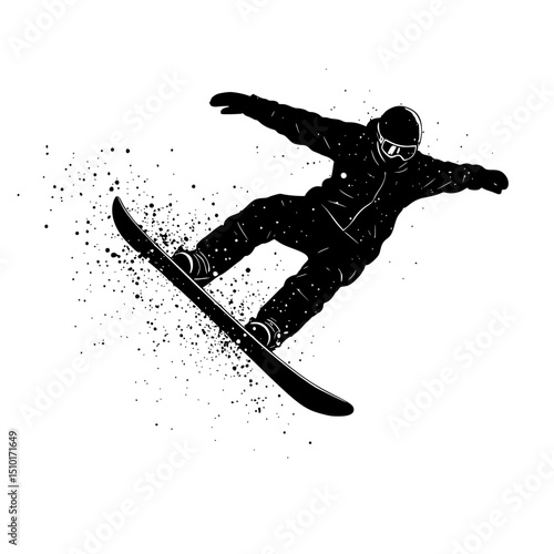 Snowboarder silhouette in mid air action pose isolated on transparent background
