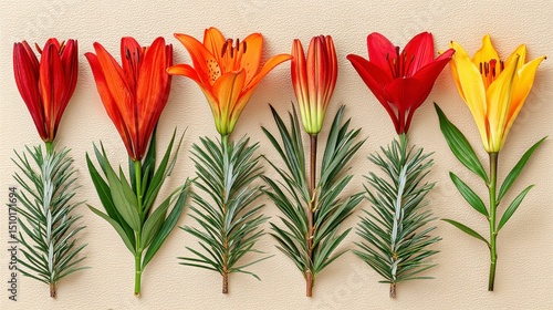 Vibrant Lily Blooms Red Orange and Yellow on Textured Beige Background with Green Leaves