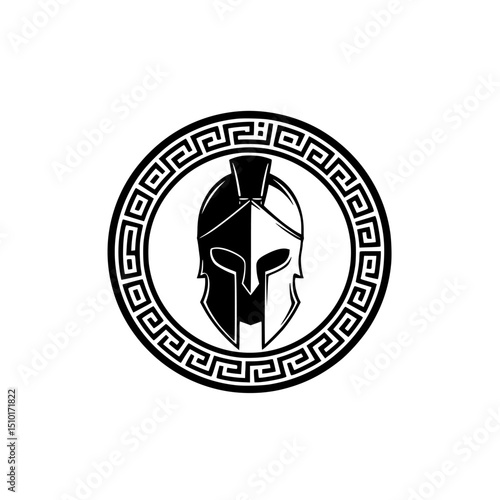 Greek spartan helmet silhouette with laurel wreath and greek key isolated on transparent background