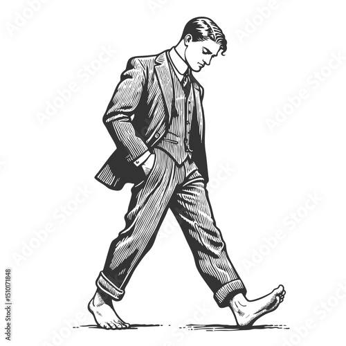 man walking barefoot with a contemplative expression, symbolizing vulnerability, simplicity, and reflection sketch engraving generative ai vector illustration. Scratch board. Black and white image.