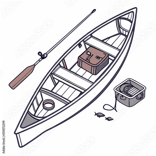 Vector illustration of canoe with fishing gear and accessories depicted with transparency design elements