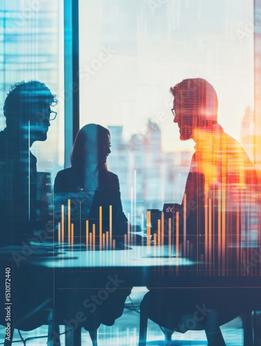 Strategic business discussion with abstract data representation in a modern office