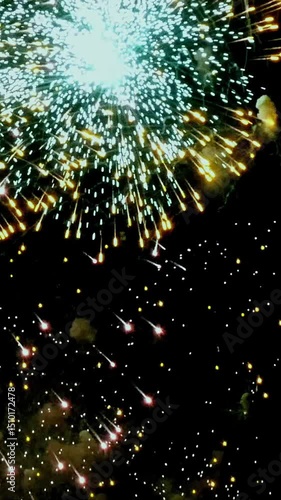A fireworks display with a lot of bright colors and a lot of stars. The fireworks are shooting up into the sky and are very bright