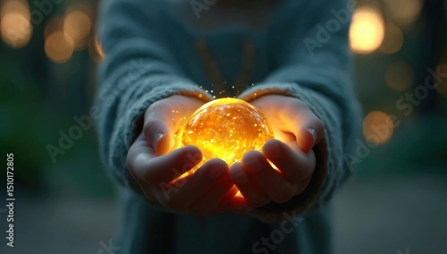 A person holds a glowing, magical orb in their hands, illuminating the surroundings with warm light in a dark, outdoor setting.