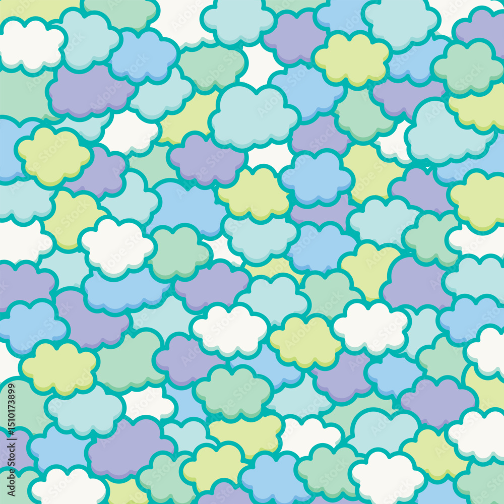 Fototapeta premium Cute clouds pop background material. Fluffy, soft, moist, Harajuku style, Aqua color. / かわいい雲のポップな背景素材 ふわふわ やわらかい しっとり 原宿系 アクアカラー