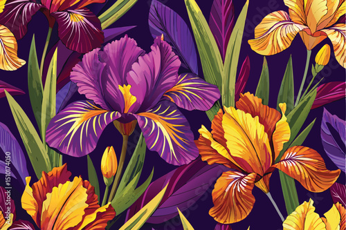 Artistic illustration of colorful blooming irises featuring intricate details creating a seamless floral pattern