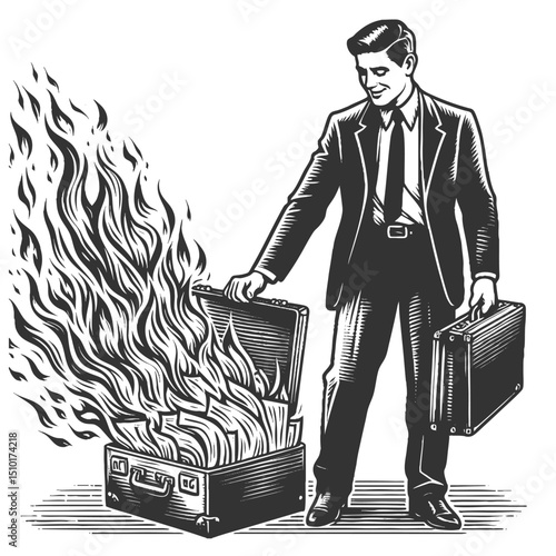 businessman holding a flaming briefcase, symbolizing financial crisis, risk, or destructive decisions in business sketch engraving generative ai vector illustration. Scratch board. Black and white.